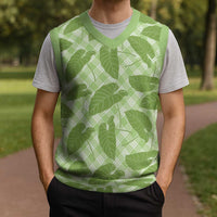 Green Hawaii Kalo Palaka Motifs Christmas Knitted V-Neck Vest Hawaiian Taro Leaves Elegant Vibes LT14 - Polynesian Pride