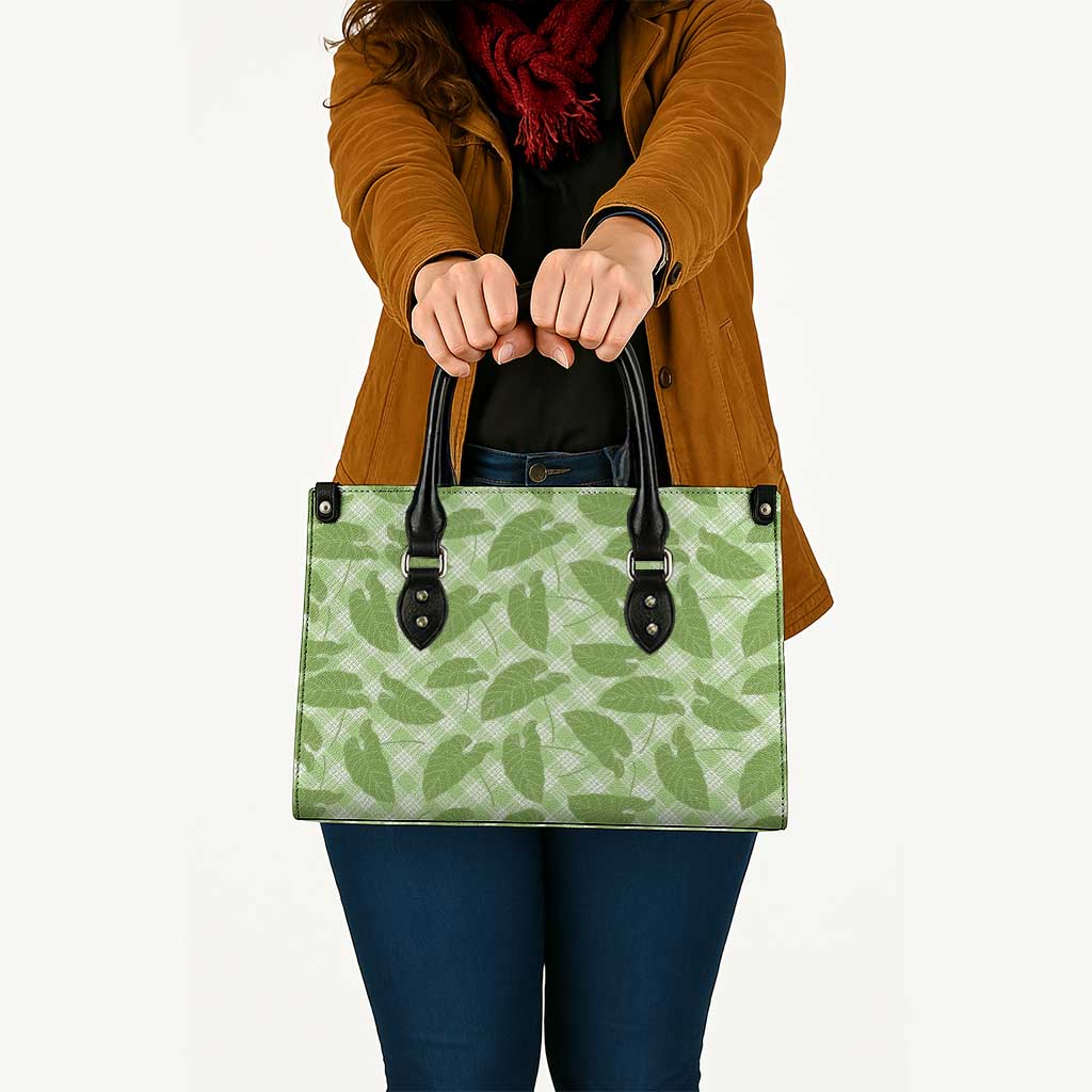 Green Hawaii Kalo Palaka Motifs Leather Bag Hawaiian Taro Leaves Elegant Vibes LT14 - Polynesian Pride