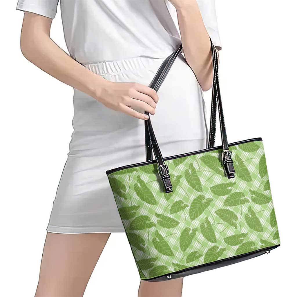 Green Hawaii Kalo Palaka Motifs Leather Tote Bag Hawaiian Taro Leaves Elegant Vibes LT14 - Polynesian Pride