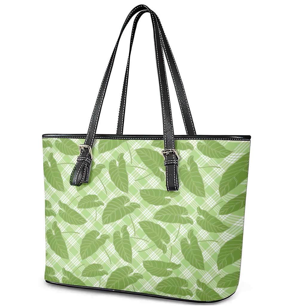 Green Hawaii Kalo Palaka Motifs Leather Tote Bag Hawaiian Taro Leaves Elegant Vibes LT14 - Polynesian Pride