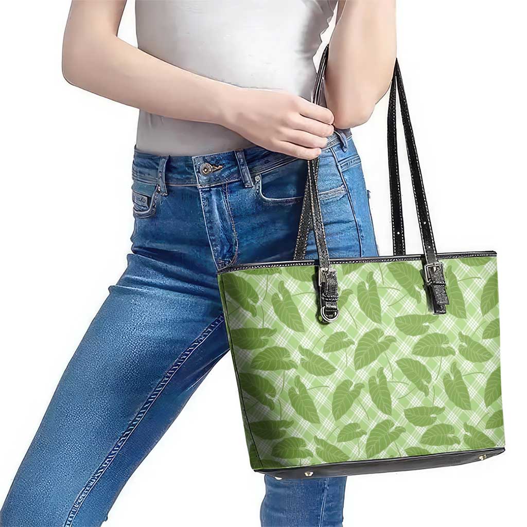 Green Hawaii Kalo Palaka Motifs Leather Tote Bag Hawaiian Taro Leaves Elegant Vibes LT14 - Polynesian Pride
