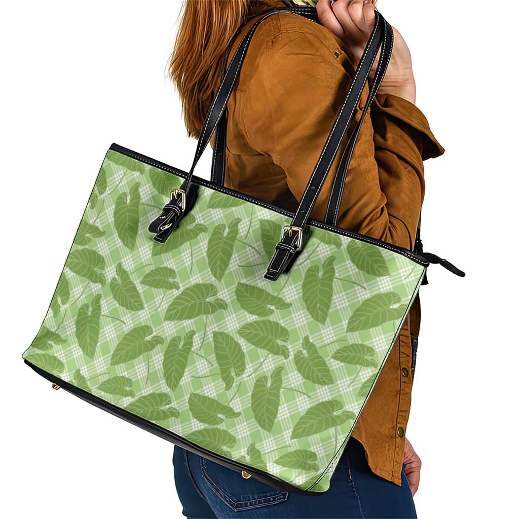 Green Hawaii Kalo Palaka Motifs Leather Tote Bag Hawaiian Taro Leaves Elegant Vibes LT14 - Polynesian Pride