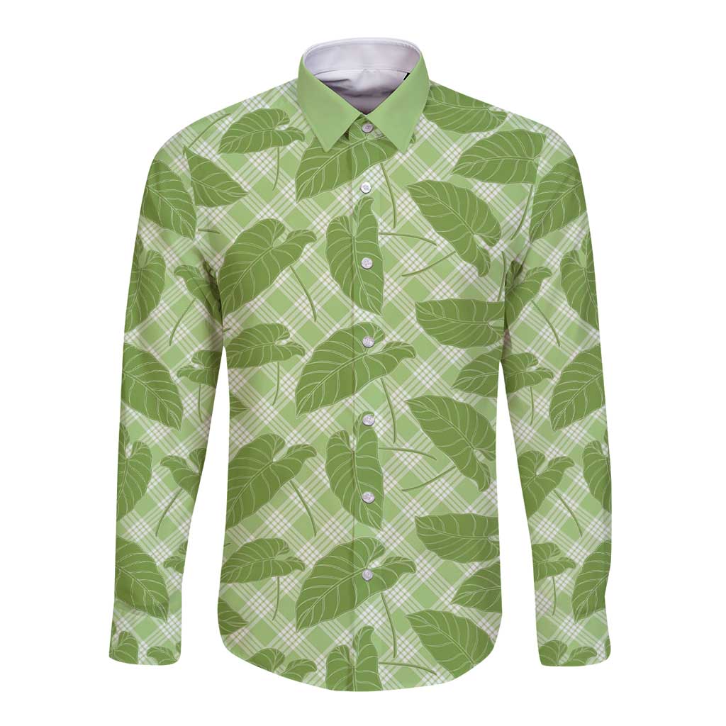 Green Hawaii Kalo Palaka Motifs Long Sleeve Button Shirt Hawaiian Taro Leaves Elegant Vibes LT14 Unisex Green - Polynesian Pride