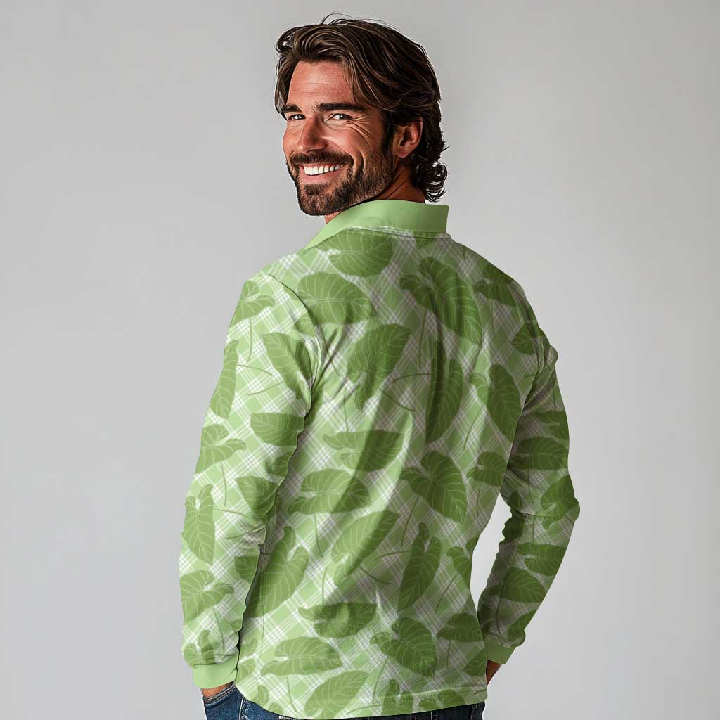 Green Hawaii Kalo Palaka Motifs Long Sleeve Polo Shirt Hawaiian Taro Leaves Elegant Vibes LT14 - Polynesian Pride