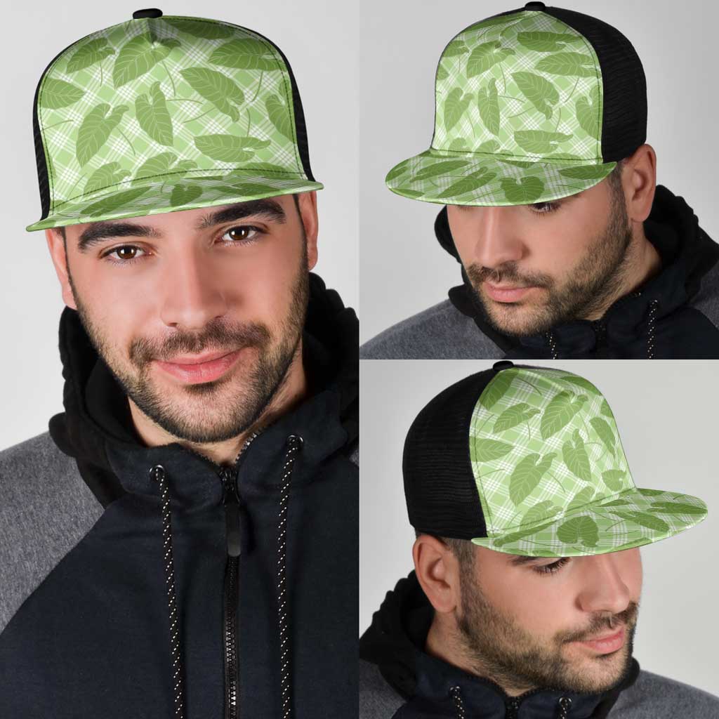 Green Hawaii Kalo Palaka Motifs Mesh Trucker Cap Hawaiian Taro Leaves Elegant Vibes