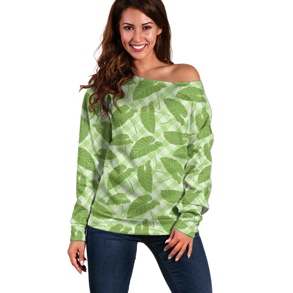 Green Hawaii Kalo Palaka Motifs Off Shoulder Sweater Hawaiian Taro Leaves Elegant Vibes LT14 Women Green - Polynesian Pride