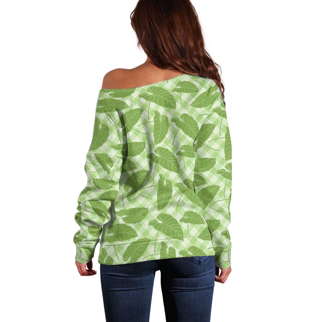 Green Hawaii Kalo Palaka Motifs Off Shoulder Sweater Hawaiian Taro Leaves Elegant Vibes LT14 - Polynesian Pride