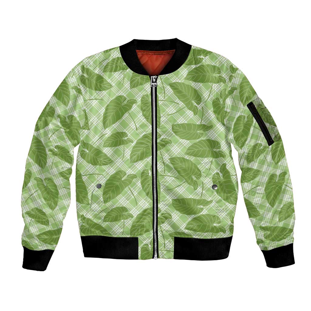 Green Hawaii Kalo Palaka Motifs Sleeve Zip Bomber Jacket Hawaiian Taro Leaves Elegant Vibes LT14 Unisex Green - Polynesian Pride