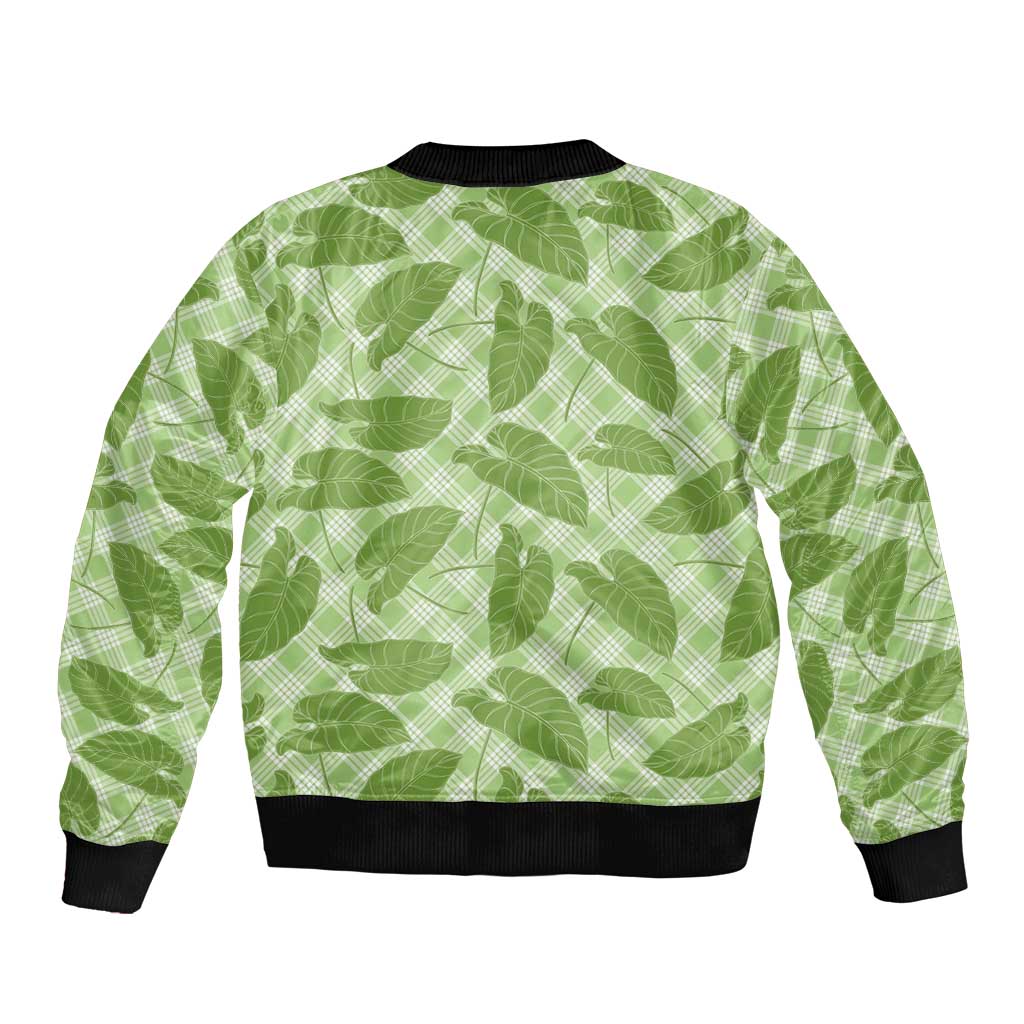 Green Hawaii Kalo Palaka Motifs Sleeve Zip Bomber Jacket Hawaiian Taro Leaves Elegant Vibes LT14 - Polynesian Pride