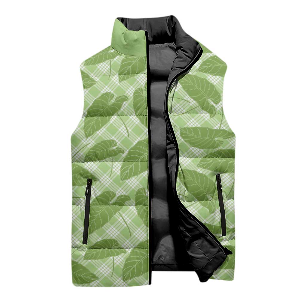 Green Hawaii Kalo Palaka Motifs Sleeveless Puffer Jacket Hawaiian Taro Leaves Elegant Vibes LT14 - Polynesian Pride