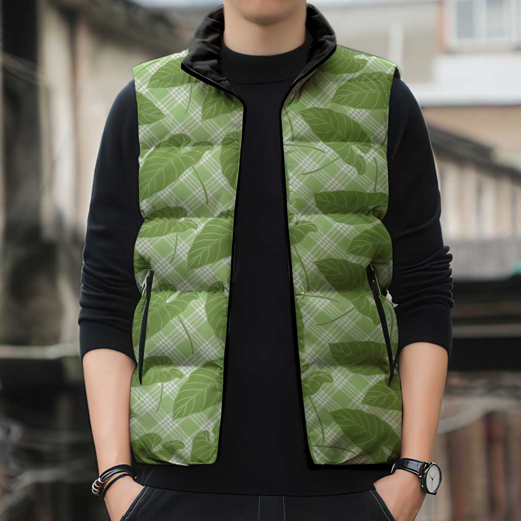 Green Hawaii Kalo Palaka Motifs Sleeveless Puffer Jacket Hawaiian Taro Leaves Elegant Vibes LT14 - Polynesian Pride