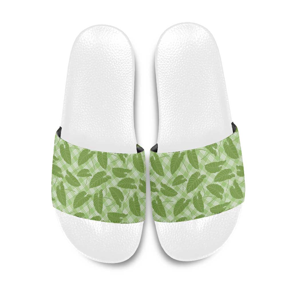 Green Hawaii Kalo Palaka Motifs Slide Sandals Hawaiian Taro Leaves Elegant Vibes LT14 Green - Polynesian Pride