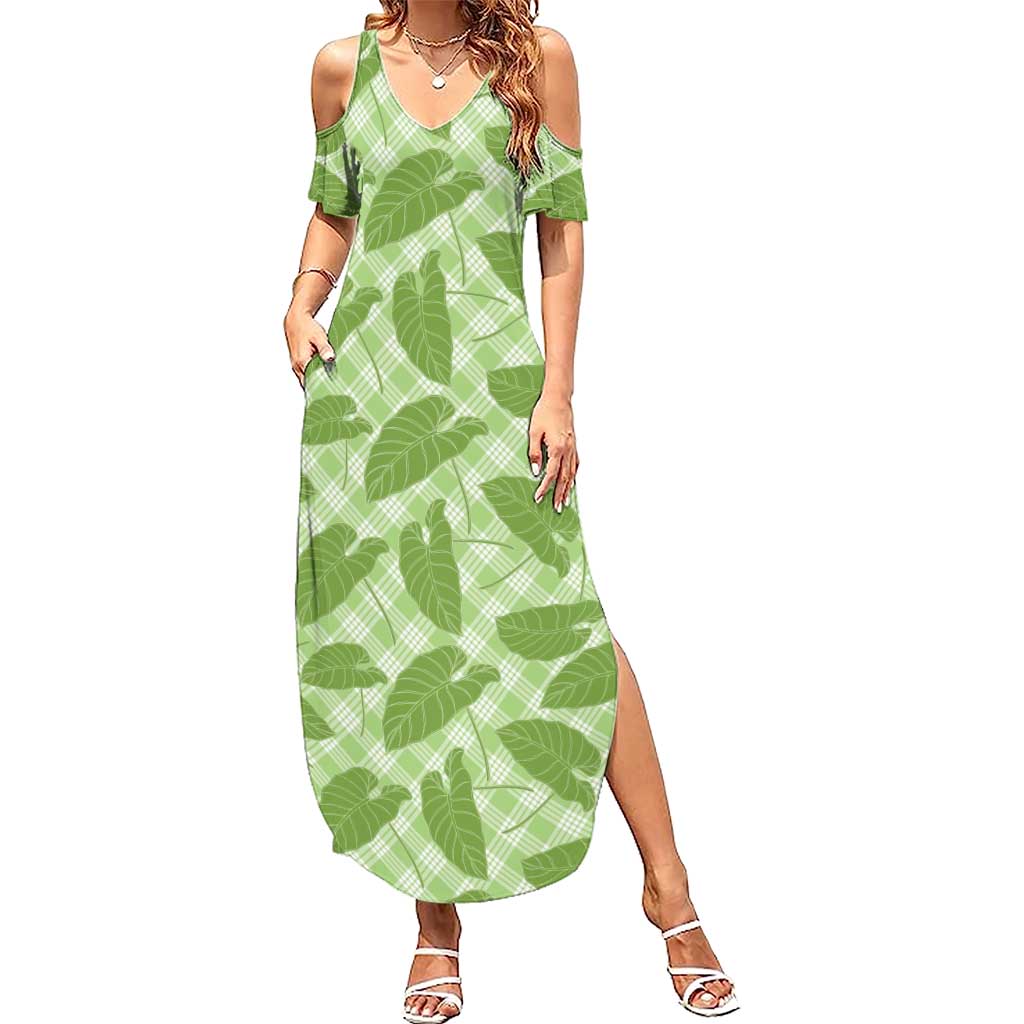 Green Hawaii Kalo Palaka Motifs Summer Maxi Dress Hawaiian Taro Leaves Elegant Vibes LT14 Women Green - Polynesian Pride