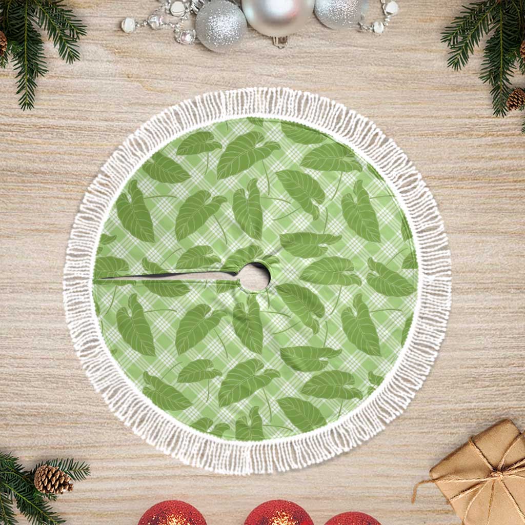 Green Hawaii Kalo Palaka Motifs Tree Skirt Hawaiian Taro Leaves Elegant Vibes LT14 Fringed Green - Polynesian Pride