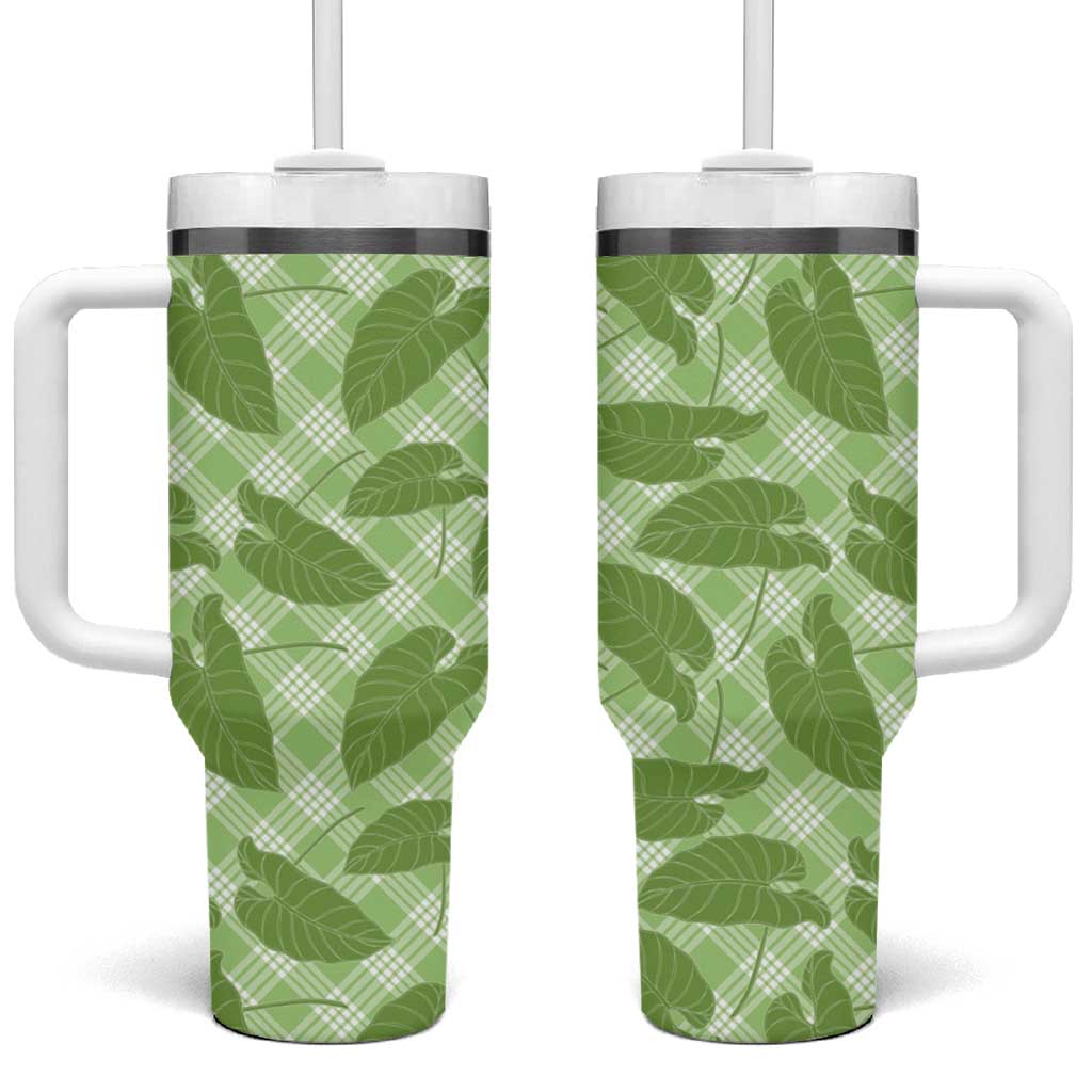Green Hawaii Kalo Palaka Motifs Tumbler With Handle Hawaiian Taro Leaves Elegant Vibes LT14 One Size: 40 oz Green - Polynesian Pride