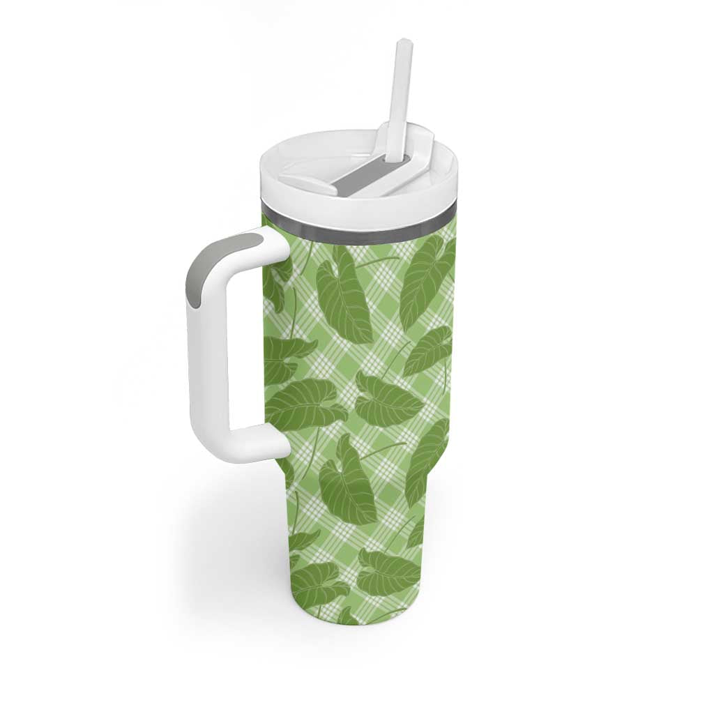 Green Hawaii Kalo Palaka Motifs Tumbler With Handle Hawaiian Taro Leaves Elegant Vibes LT14 - Polynesian Pride
