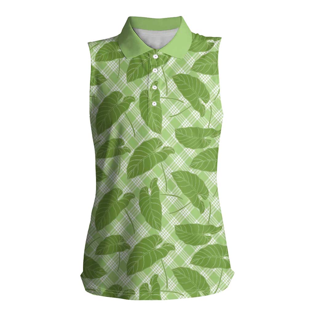 Green Hawaii Kalo Palaka Motifs Women Sleeveless Polo Shirt Hawaiian Taro Leaves Elegant Vibes LT14 Female Green - Polynesian Pride