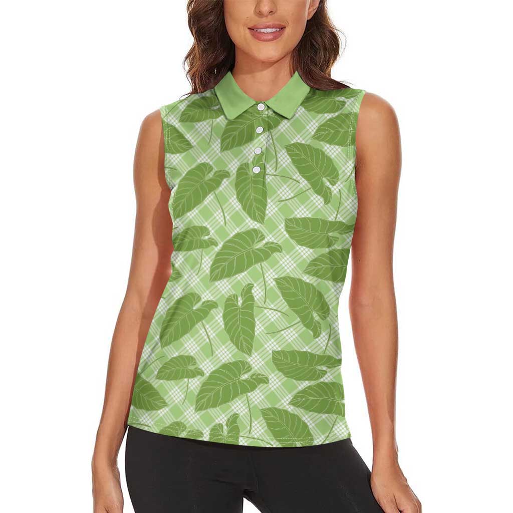 Green Hawaii Kalo Palaka Motifs Women Sleeveless Polo Shirt Hawaiian Taro Leaves Elegant Vibes LT14 - Polynesian Pride