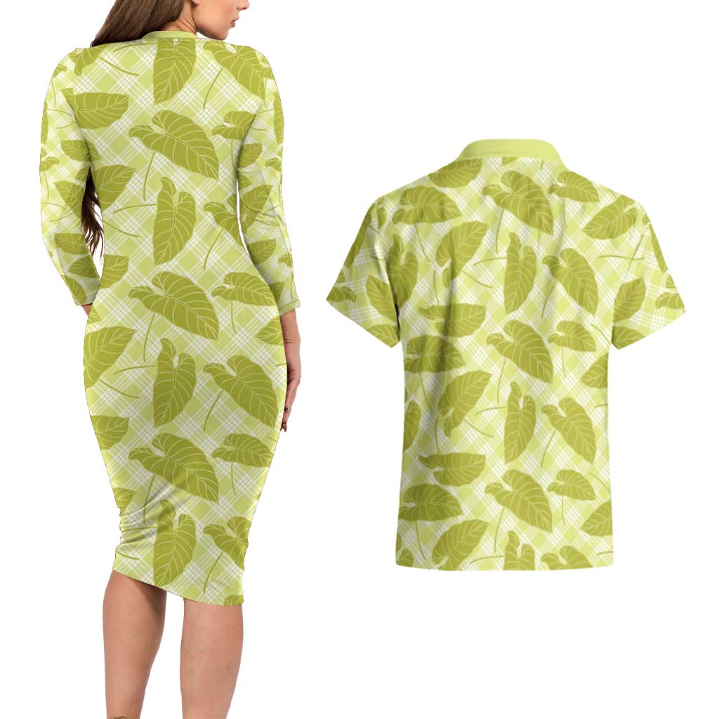 Lime Green Hawaii Kalo Palaka Motifs Couples Matching Long Sleeve Bodycon Dress and Hawaiian Shirt Hawaiian Taro Leaves Elegant Vibes LT14 - Polynesian Pride