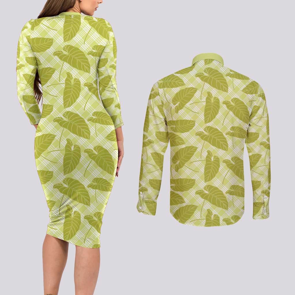 Lime Green Hawaii Kalo Palaka Motifs Couples Matching Long Sleeve Bodycon Dress and Long Sleeve Button Shirt Hawaiian Taro Leaves Elegant Vibes LT14 - Polynesian Pride