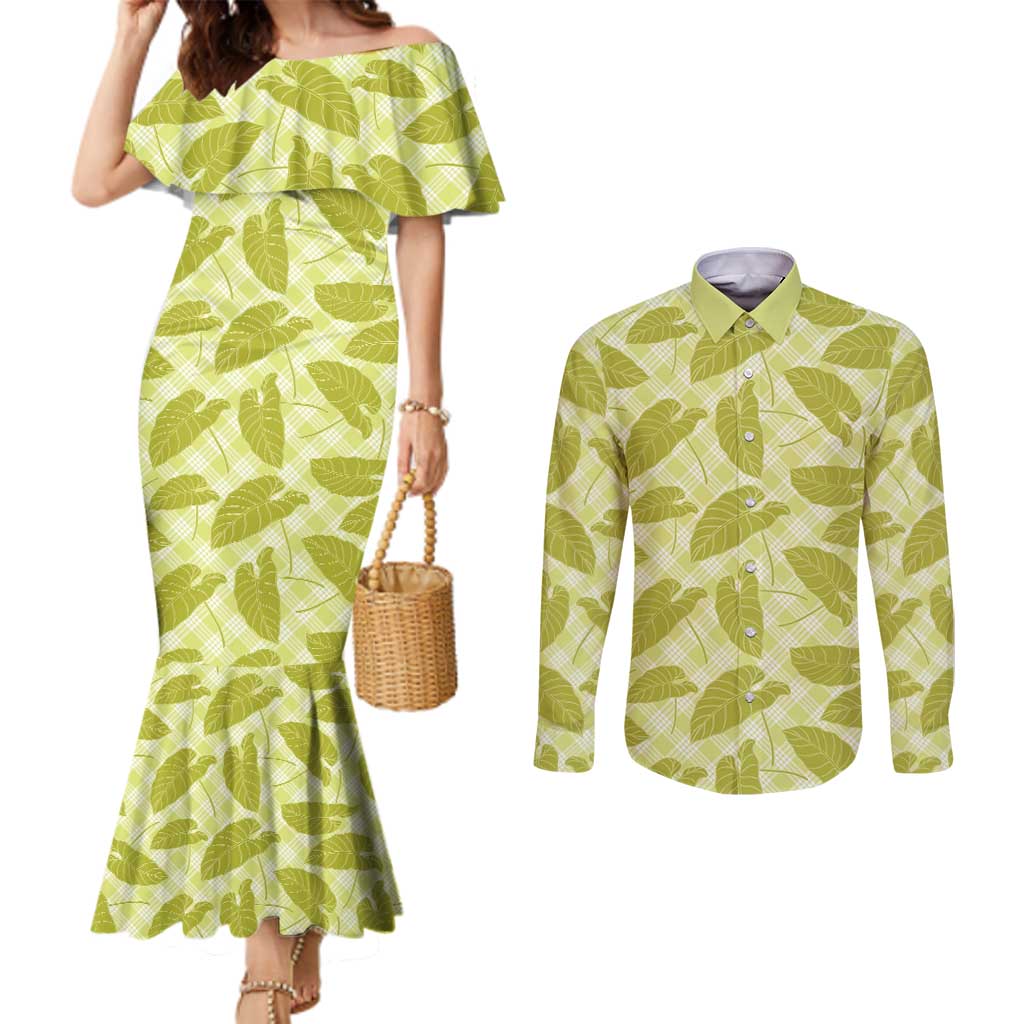 Lime Green Hawaii Kalo Palaka Motifs Couples Matching Mermaid Dress and Long Sleeve Button Shirt Hawaiian Taro Leaves Elegant Vibes LT14 Lime Green - Polynesian Pride