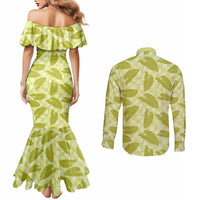 Lime Green Hawaii Kalo Palaka Motifs Couples Matching Mermaid Dress and Long Sleeve Button Shirt Hawaiian Taro Leaves Elegant Vibes LT14 - Polynesian Pride