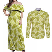 Lime Green Hawaii Kalo Palaka Motifs Couples Matching Off Shoulder Maxi Dress and Long Sleeve Button Shirt Hawaiian Taro Leaves Elegant Vibes LT14 Lime Green - Polynesian Pride