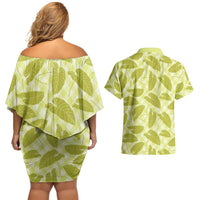 Lime Green Hawaii Kalo Palaka Motifs Couples Matching Off Shoulder Short Dress and Hawaiian Shirt Hawaiian Taro Leaves Elegant Vibes LT14 - Polynesian Pride