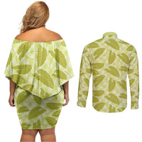 Lime Green Hawaii Kalo Palaka Motifs Couples Matching Off Shoulder Short Dress and Long Sleeve Button Shirt Hawaiian Taro Leaves Elegant Vibes LT14 - Polynesian Pride