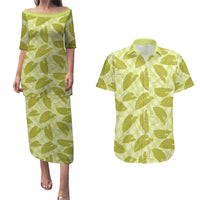 Lime Green Hawaii Kalo Palaka Motifs Couples Matching Puletasi and Hawaiian Shirt Hawaiian Taro Leaves Elegant Vibes LT14 Lime Green - Polynesian Pride