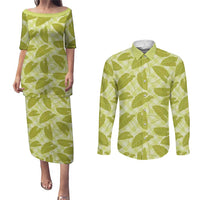 Lime Green Hawaii Kalo Palaka Motifs Couples Matching Puletasi and Long Sleeve Button Shirt Hawaiian Taro Leaves Elegant Vibes LT14 Lime Green - Polynesian Pride