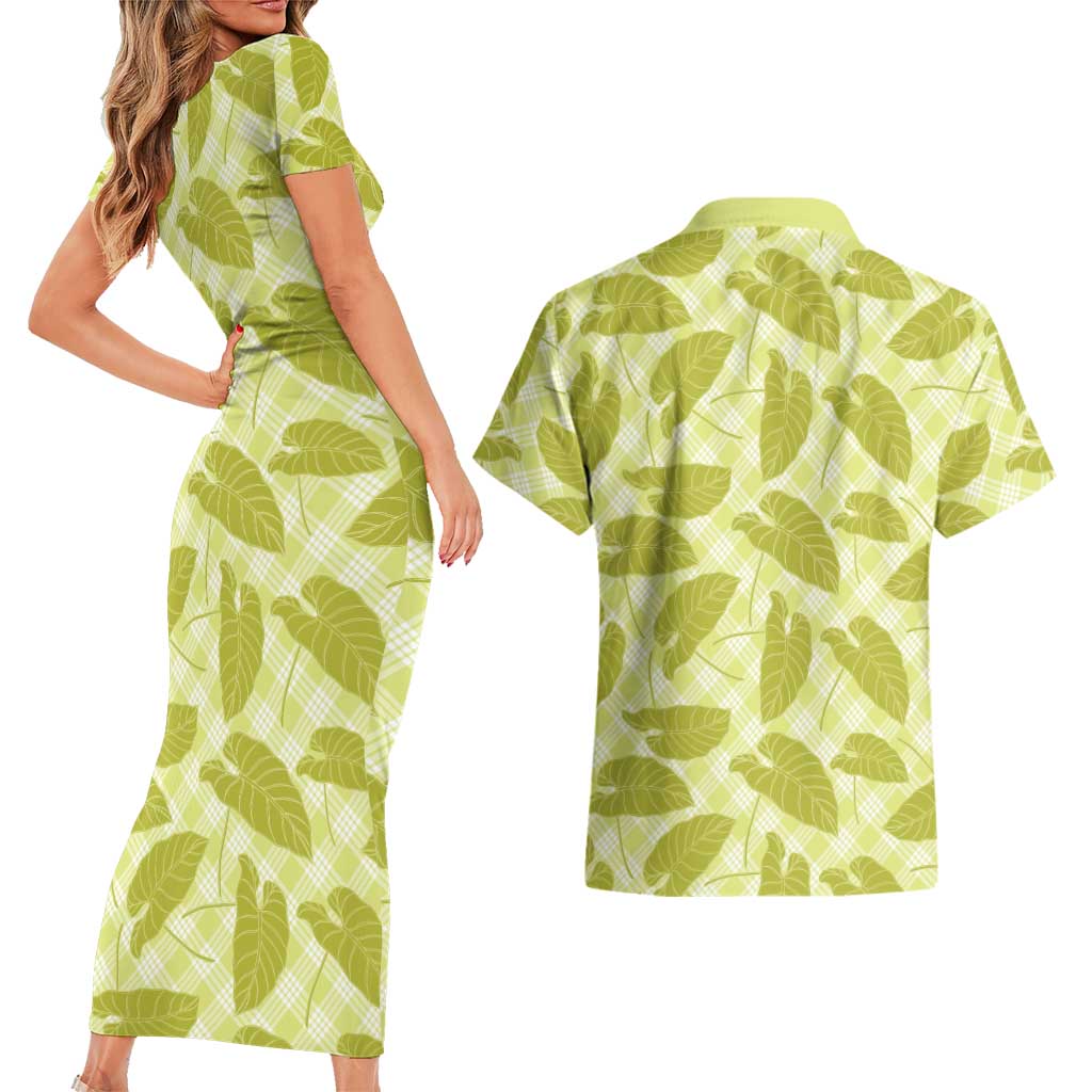 Lime Green Hawaii Kalo Palaka Motifs Couples Matching Short Sleeve Bodycon Dress and Hawaiian Shirt Hawaiian Taro Leaves Elegant Vibes LT14 - Polynesian Pride