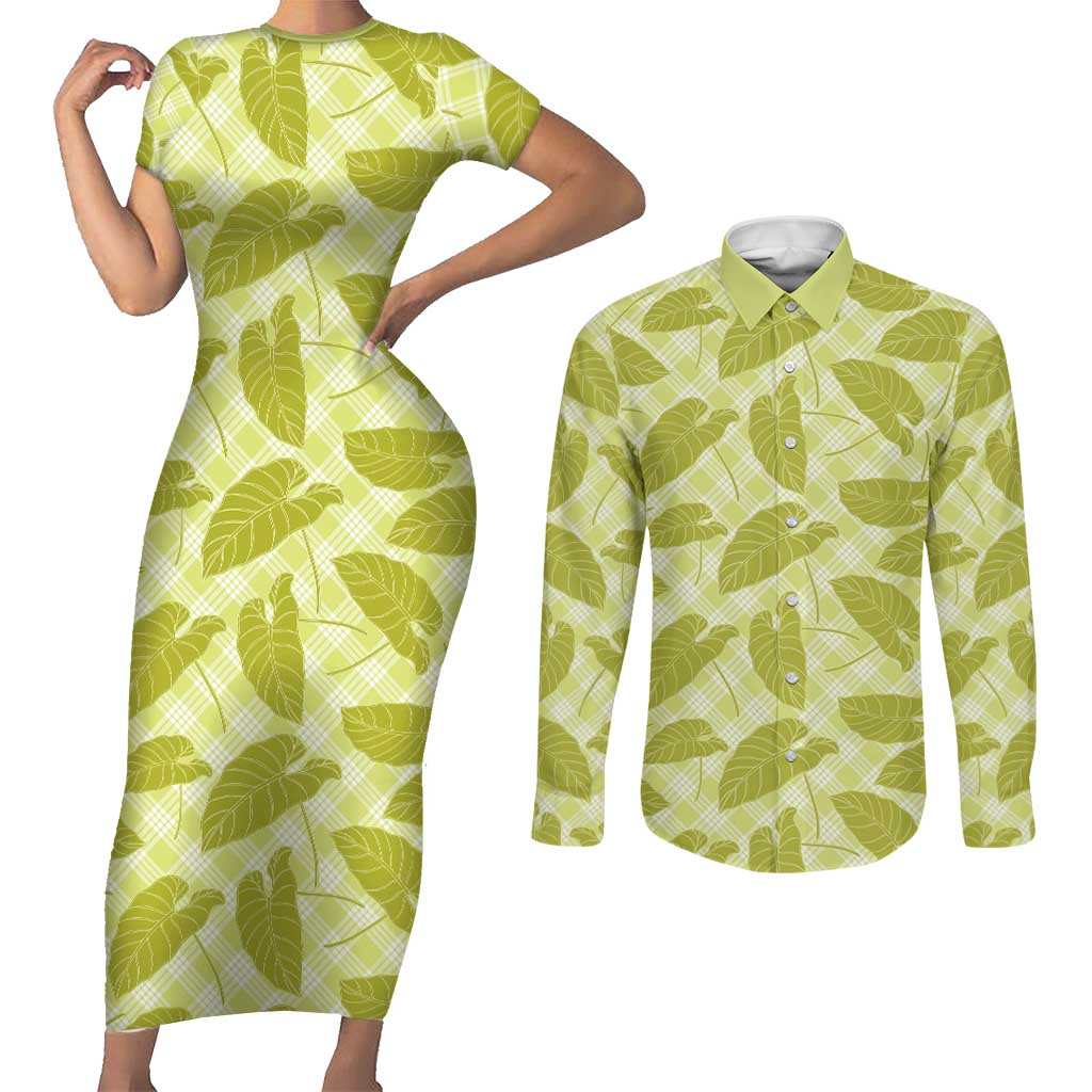 Lime Green Hawaii Kalo Palaka Motifs Couples Matching Short Sleeve Bodycon Dress and Long Sleeve Button Shirt Hawaiian Taro Leaves Elegant Vibes LT14 Lime Green - Polynesian Pride