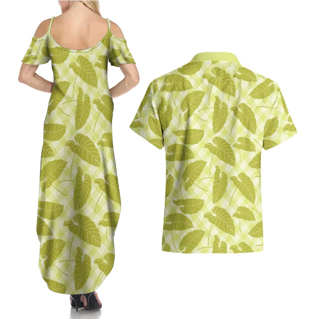 Lime Green Hawaii Kalo Palaka Motifs Couples Matching Summer Maxi Dress and Hawaiian Shirt Hawaiian Taro Leaves Elegant Vibes LT14 - Polynesian Pride