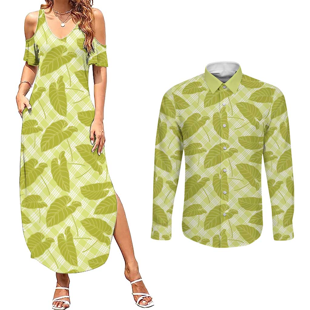 Lime Green Hawaii Kalo Palaka Motifs Couples Matching Summer Maxi Dress and Long Sleeve Button Shirt Hawaiian Taro Leaves Elegant Vibes - Polynesian Pride