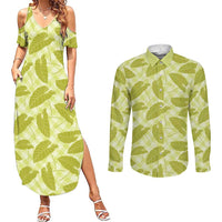 Lime Green Hawaii Kalo Palaka Motifs Couples Matching Summer Maxi Dress and Long Sleeve Button Shirt Hawaiian Taro Leaves Elegant Vibes LT14 Lime Green - Polynesian Pride