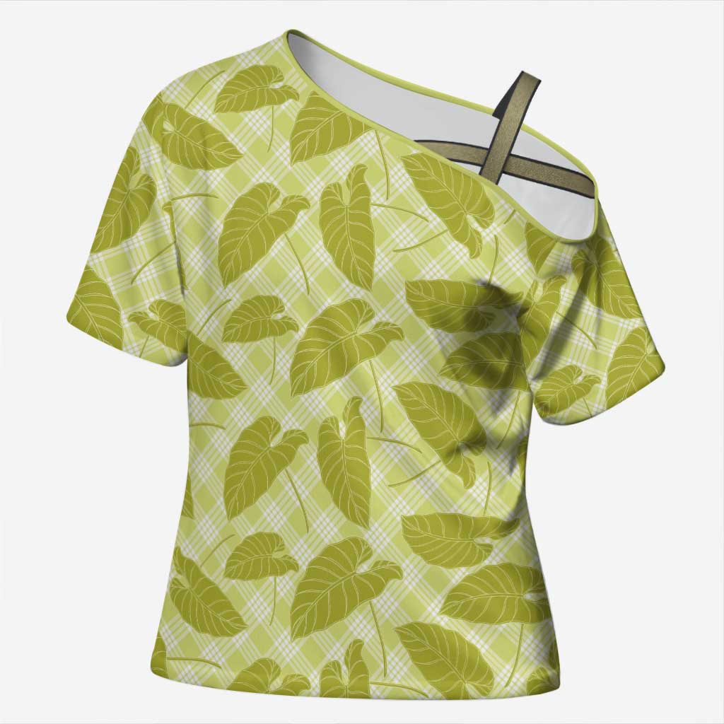 Lime Green Hawaii Kalo Palaka Motifs Cross Shoulder Shirt Hawaiian Taro Leaves Elegant Vibes LT14 Female Lime Green - Polynesian Pride