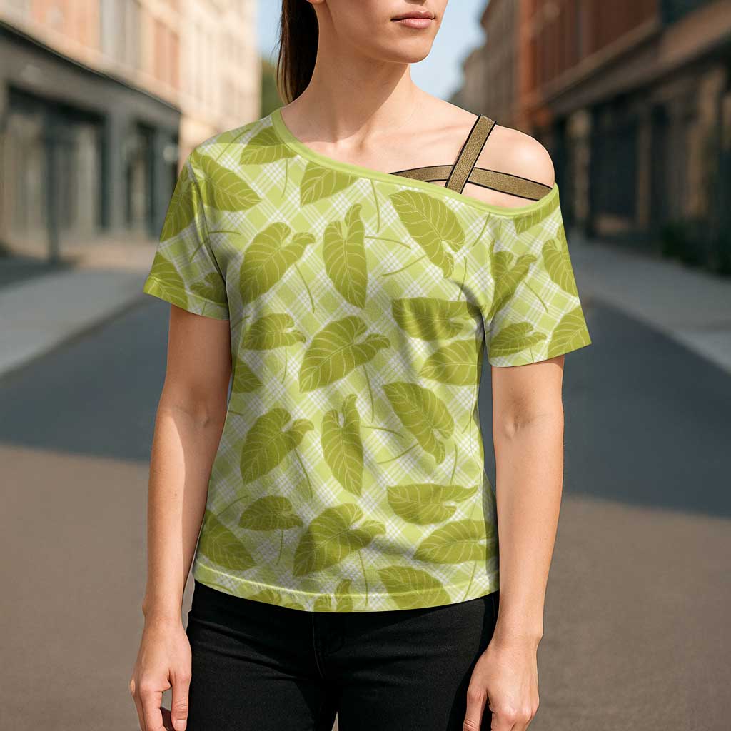 Lime Green Hawaii Kalo Palaka Motifs Cross Shoulder Shirt Hawaiian Taro Leaves Elegant Vibes LT14 - Polynesian Pride