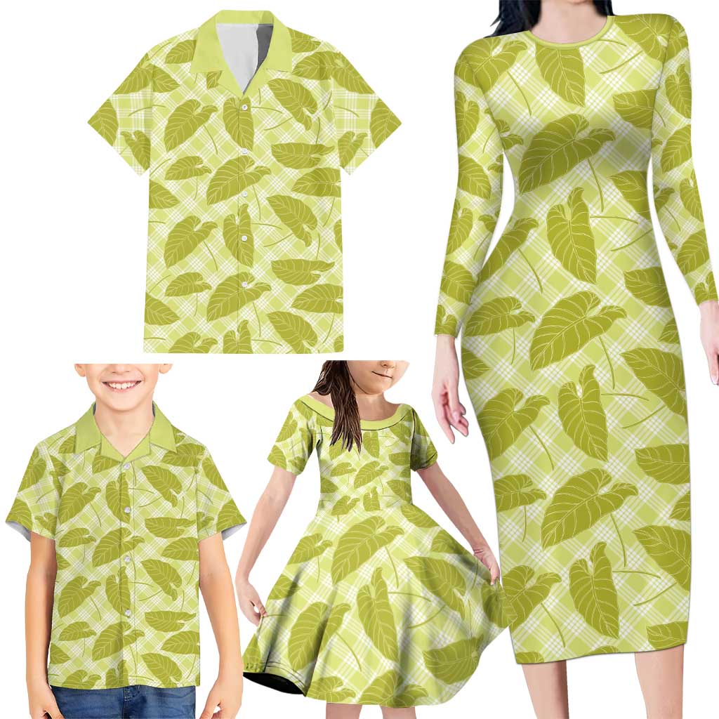 Lime Green Hawaii Kalo Palaka Motifs Family Matching Long Sleeve Bodycon Dress and Hawaiian Shirt Hawaiian Taro Leaves Elegant Vibes LT14 - Polynesian Pride