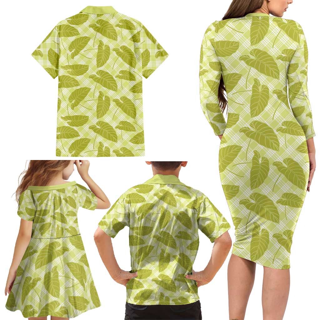 Lime Green Hawaii Kalo Palaka Motifs Family Matching Long Sleeve Bodycon Dress and Hawaiian Shirt Hawaiian Taro Leaves Elegant Vibes LT14 - Polynesian Pride