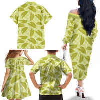 Lime Green Hawaii Kalo Palaka Motifs Family Matching Off The Shoulder Long Sleeve Dress and Hawaiian Shirt Hawaiian Taro Leaves Elegant Vibes LT14 - Polynesian Pride