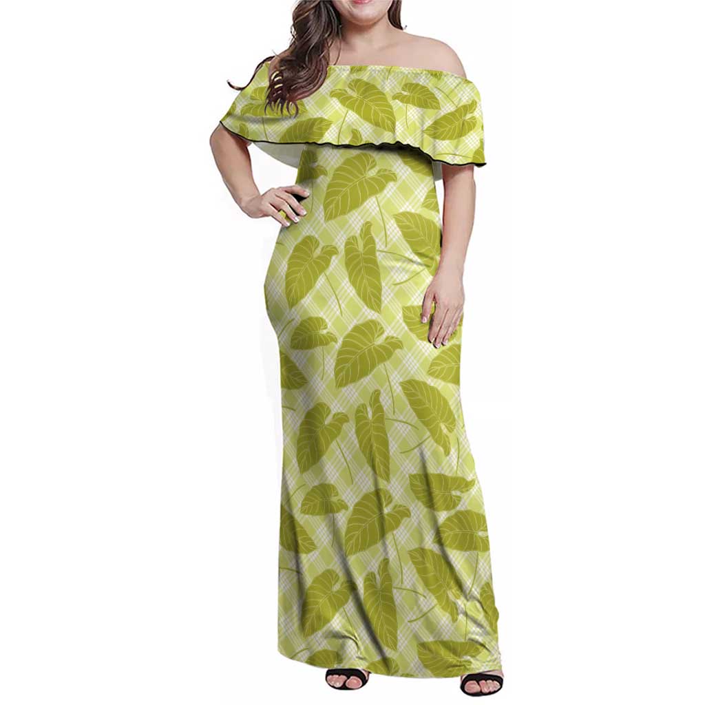 Lime Green Hawaii Kalo Palaka Motifs Family Matching Off Shoulder Maxi Dress and Hawaiian Shirt Hawaiian Taro Leaves Elegant Vibes LT14 Mom's Dress Lime Green - Polynesian Pride