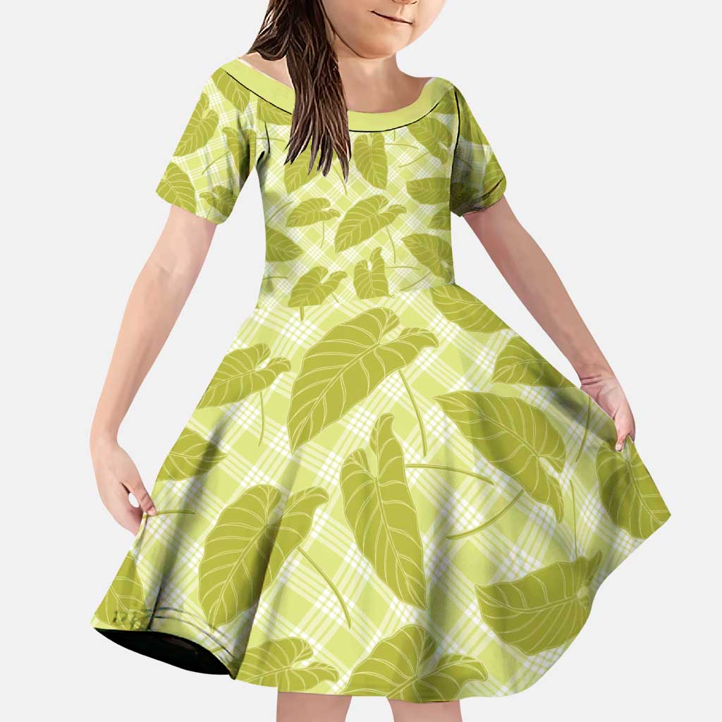 Lime Green Hawaii Kalo Palaka Motifs Family Matching Off Shoulder Short Dress and Hawaiian Shirt Hawaiian Taro Leaves Elegant Vibes LT14 Daughter's Dress Lime Green - Polynesian Pride