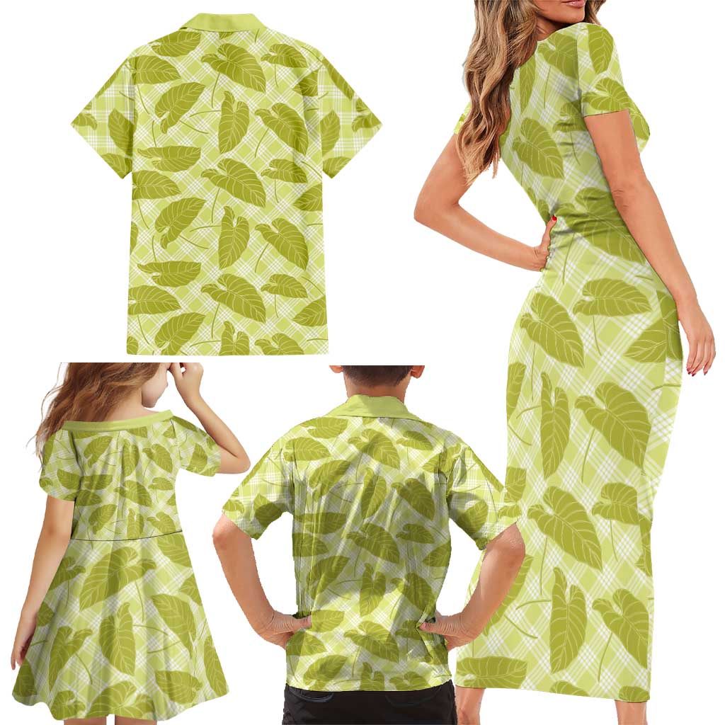 Lime Green Hawaii Kalo Palaka Motifs Family Matching Short Sleeve Bodycon Dress and Hawaiian Shirt Hawaiian Taro Leaves Elegant Vibes LT14 - Polynesian Pride