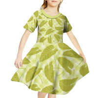 Lime Green Hawaii Kalo Palaka Motifs Kid Short Sleeve Dress Hawaiian Taro Leaves Elegant Vibes LT14 - Polynesian Pride
