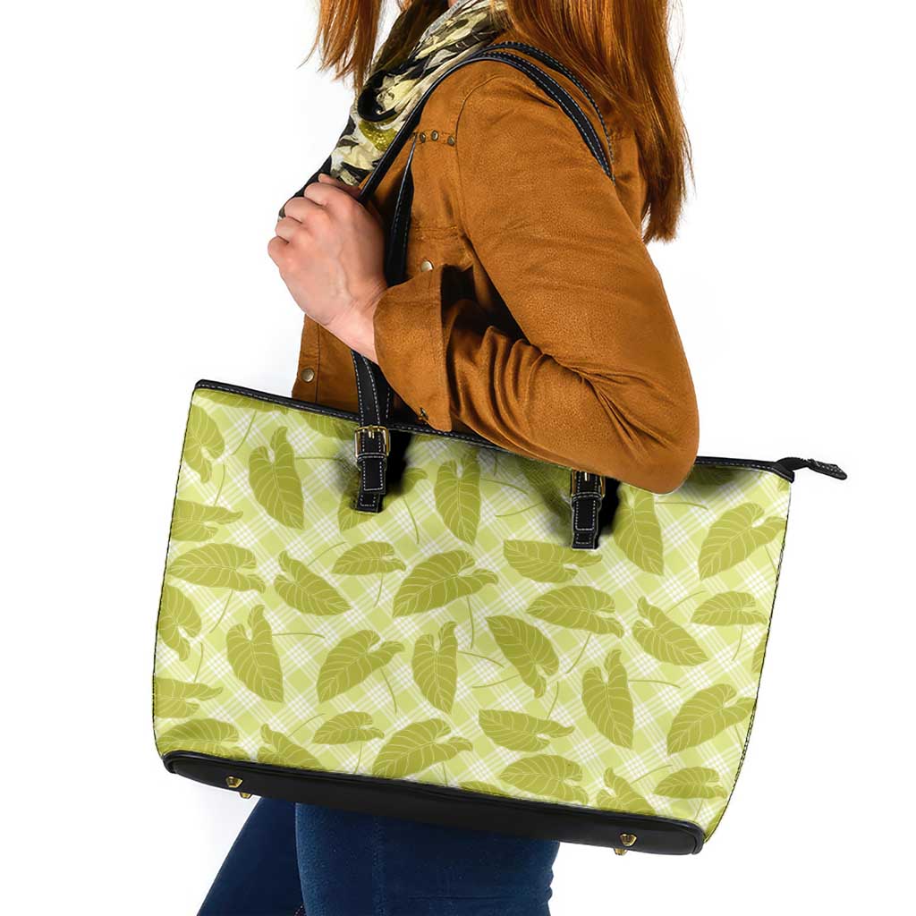 Lime Green Hawaii Kalo Palaka Motifs Leather Tote Bag Hawaiian Taro Leaves Elegant Vibes LT14 Lime Green - Polynesian Pride