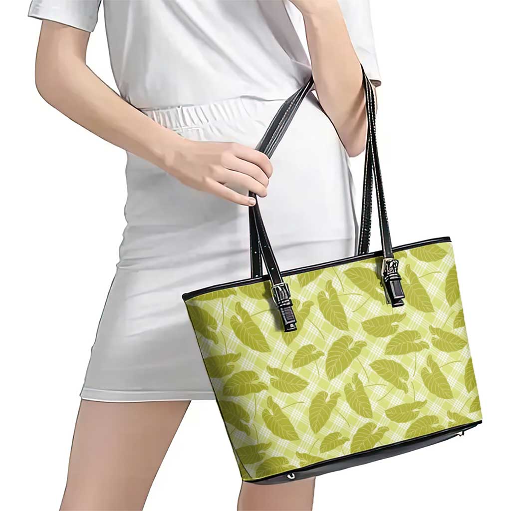 Lime Green Hawaii Kalo Palaka Motifs Leather Tote Bag Hawaiian Taro Leaves Elegant Vibes LT14 - Polynesian Pride