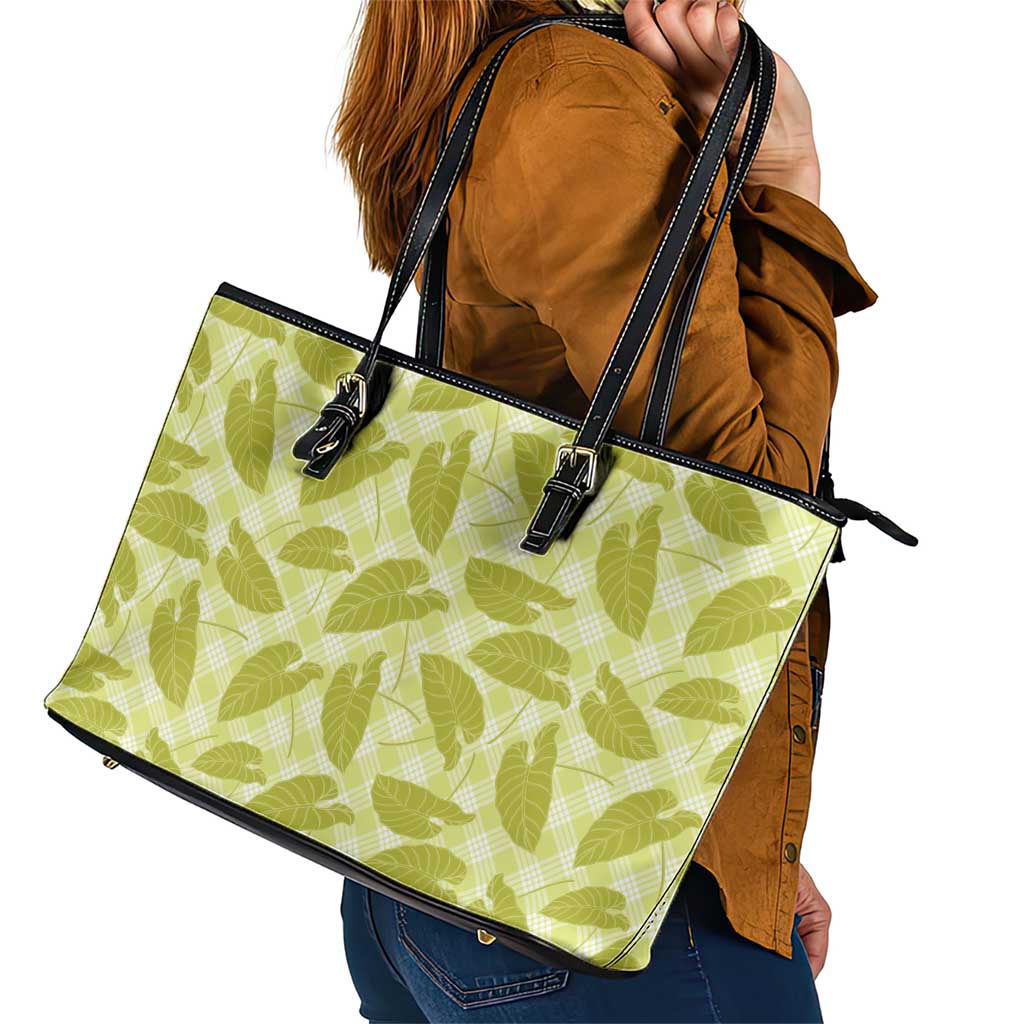 Lime Green Hawaii Kalo Palaka Motifs Leather Tote Bag Hawaiian Taro Leaves Elegant Vibes LT14 - Polynesian Pride