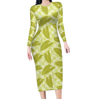 Lime Green Hawaii Kalo Palaka Motifs Long Sleeve Bodycon Dress Hawaiian Taro Leaves Elegant Vibes LT14 Long Dress Lime Green - Polynesian Pride