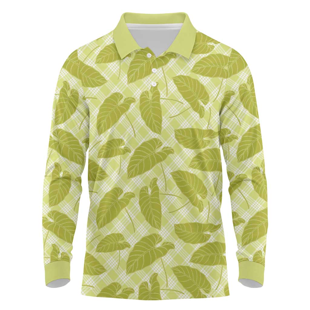 Lime Green Hawaii Kalo Palaka Motifs Long Sleeve Polo Shirt Hawaiian Taro Leaves Elegant Vibes LT14 Lime Green - Polynesian Pride